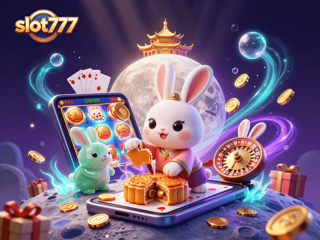 Spin to win at slot777 with a whimsical moon rabbit breaking golden mooncakes for big jackpots.
