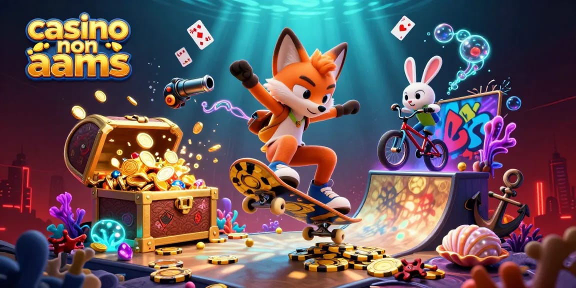 Gioca nei casino non AAMS esplorando una scena di divertimento con una volpe skateboard che salta su gettoni d'oro e un coniglio in BMX.