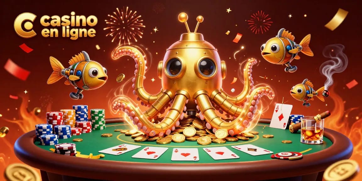 Visualisez le casino en ligne avec un kraken et des jetons de poker dans une scène dynamique.
