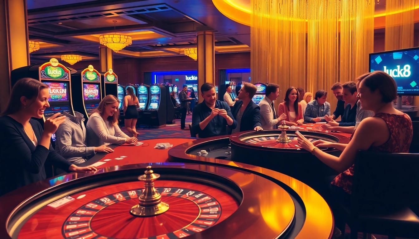 Excited players enjoying table games and slot machines in a luxurious casino scene at luck8.