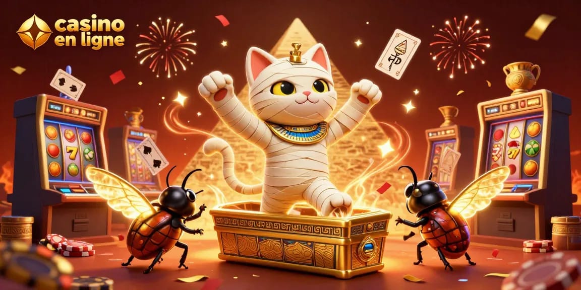 Les joueurs admirent le casino en ligne avec des éléments de jeu animés autour du chat momie égyptien.