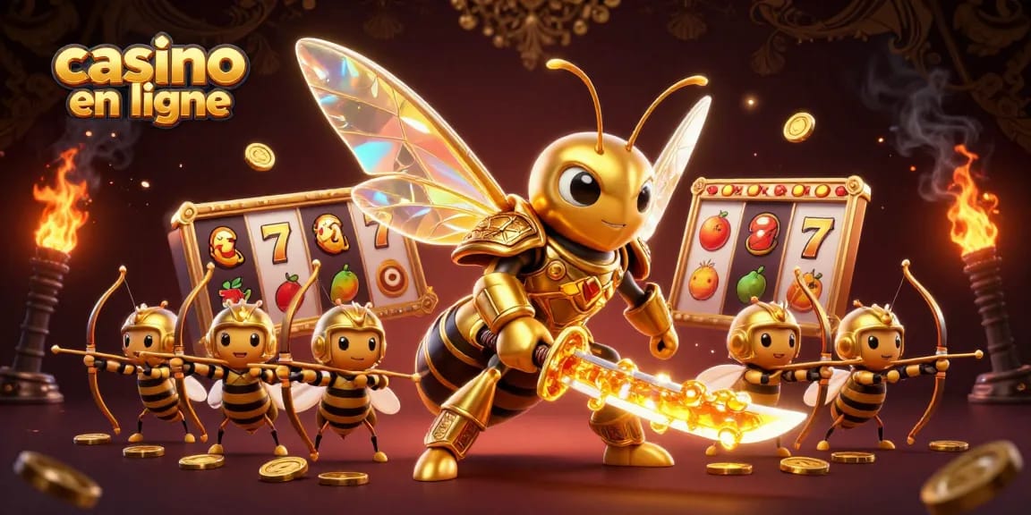 Jouez au casino en ligne avec une illustration dynamique de machines à sous et un caractère de jeu attrayant.
