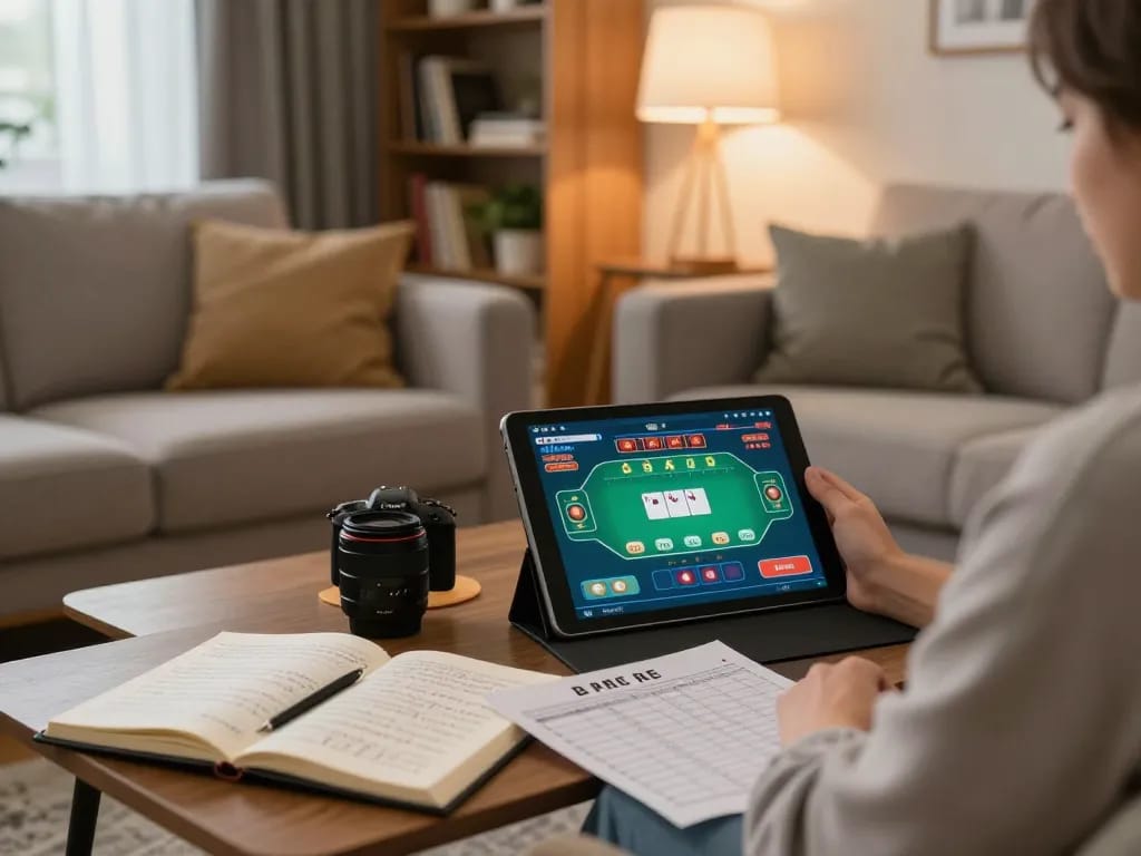 Using a tablet for okwintv trực tiếp online poker, highlighting strategic entertainment in a cozy setting.