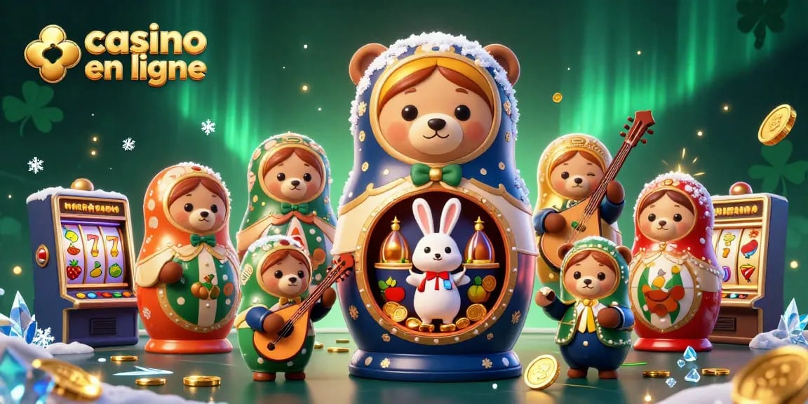 L'illustration 3D montre un ours russe en poupée matryoshka animant des jeux de casino en ligne avec un éclat festif.