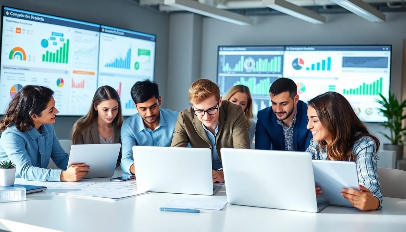 Team analyzing data using AI for competitor analysis in a modern, energetic office.