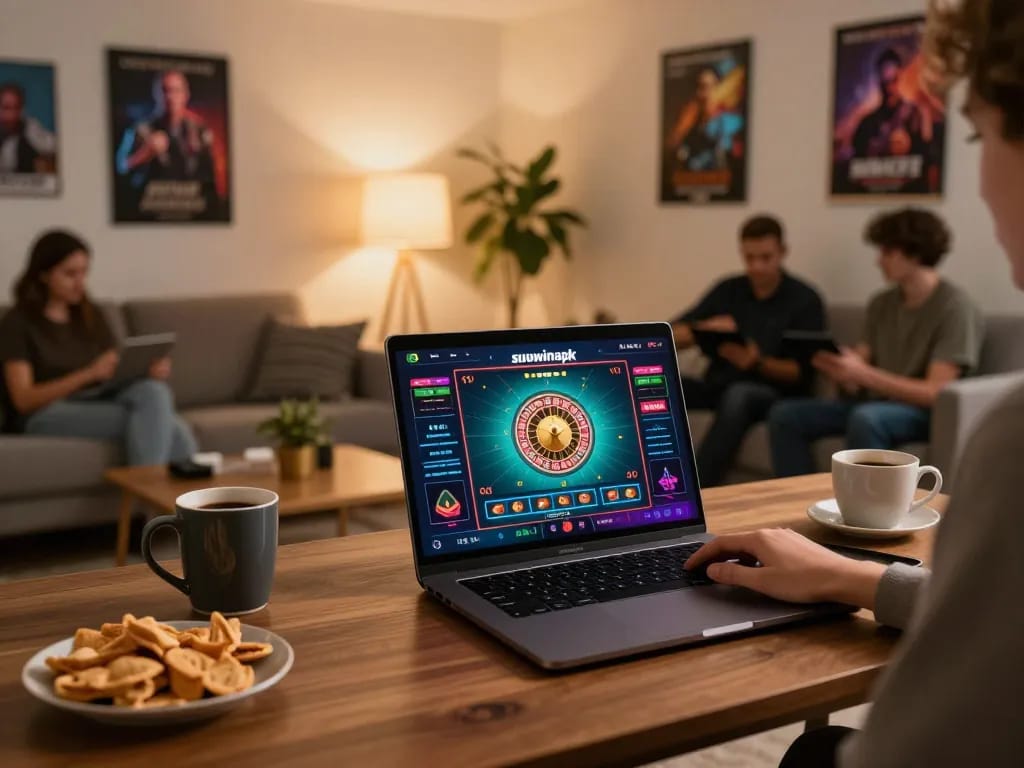 Player engaging in sunwinapk roulette game on laptop, enjoying a cozy home betting experience.
