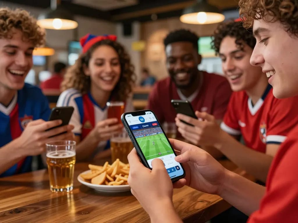 Fan engaging with Okwintv app live streaming football at a vibrant sports bar.