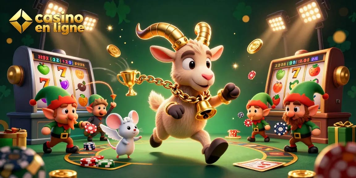 Profitez d'une illustration artistique de casino en ligne captivante, avec des personnages animés jouant parmi des machines à sous.