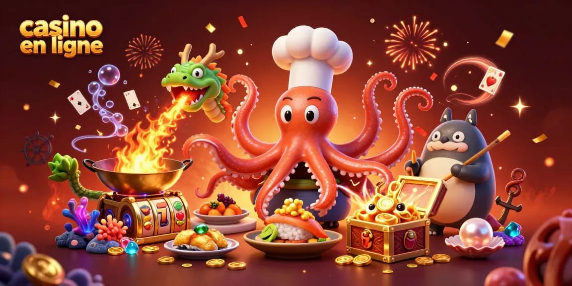 Illustration d'un chef sushi en ligne avec un dragon, préparant des plats gagnants au casino en ligne.