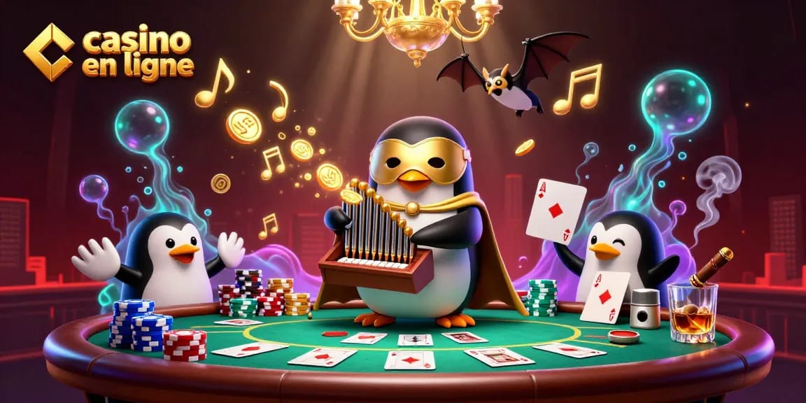 Illustration d'un casino en ligne avec un pingouin fantôme et des éléments de poker colorés.