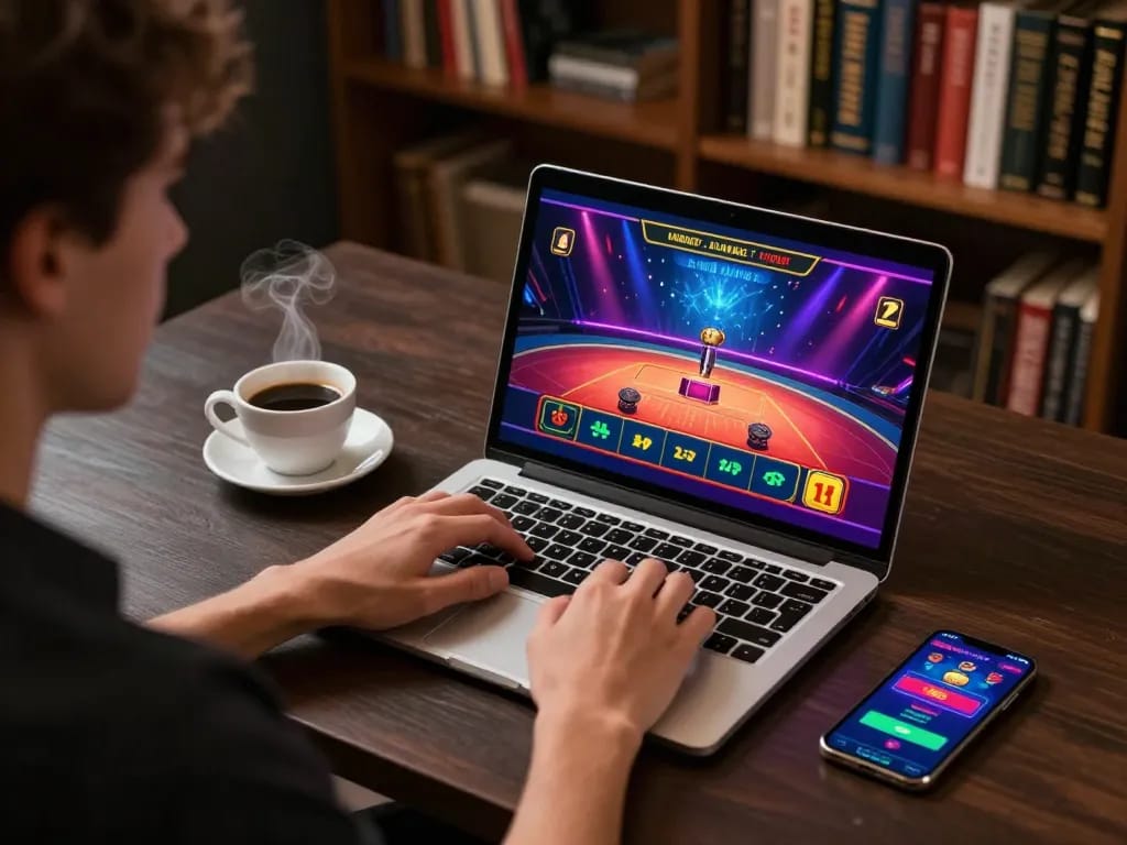 An individual using 888top for online gambling on a laptop, with strategy books in the background.