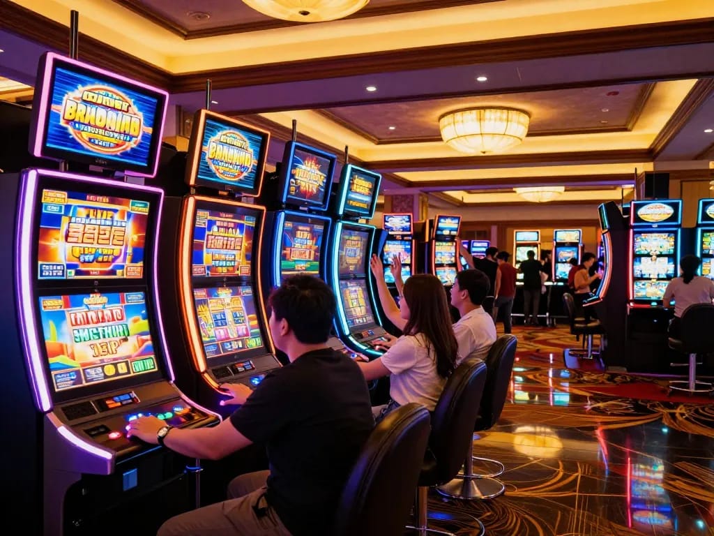 Players engaging with fun slot machines at Sunwin, celebrating wins in a vibrant casino setting.