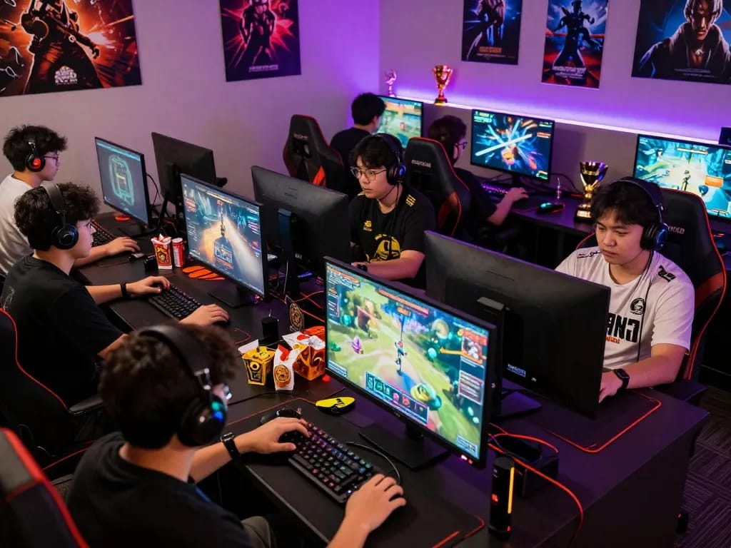 Exciting online gaming atmosphere with players engaging in tr88 bet gaming stations, colorful LED lights illuminating vibrant gaming environment.