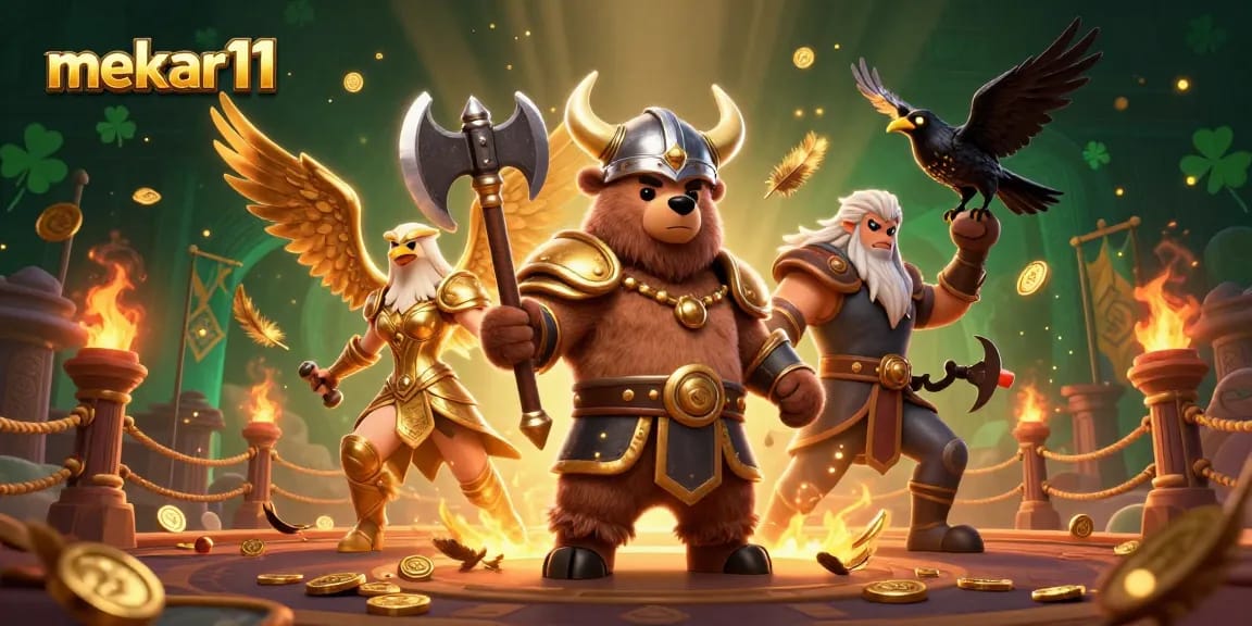 Mekar11 players strategizing big wins with a Viking bear and Valkyrie eagle in a vibrant casino arena.