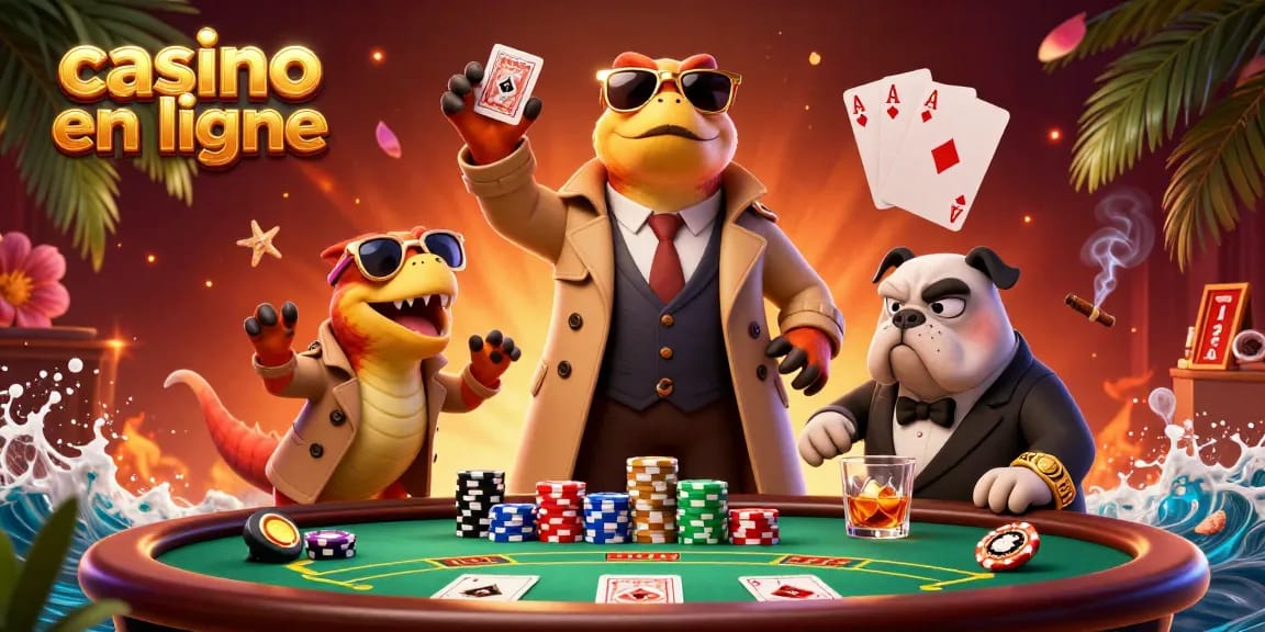 Trois raptors déguisés en humain pour entrer dans un casino en ligne, entourés de jeux de cartes et de jetons.