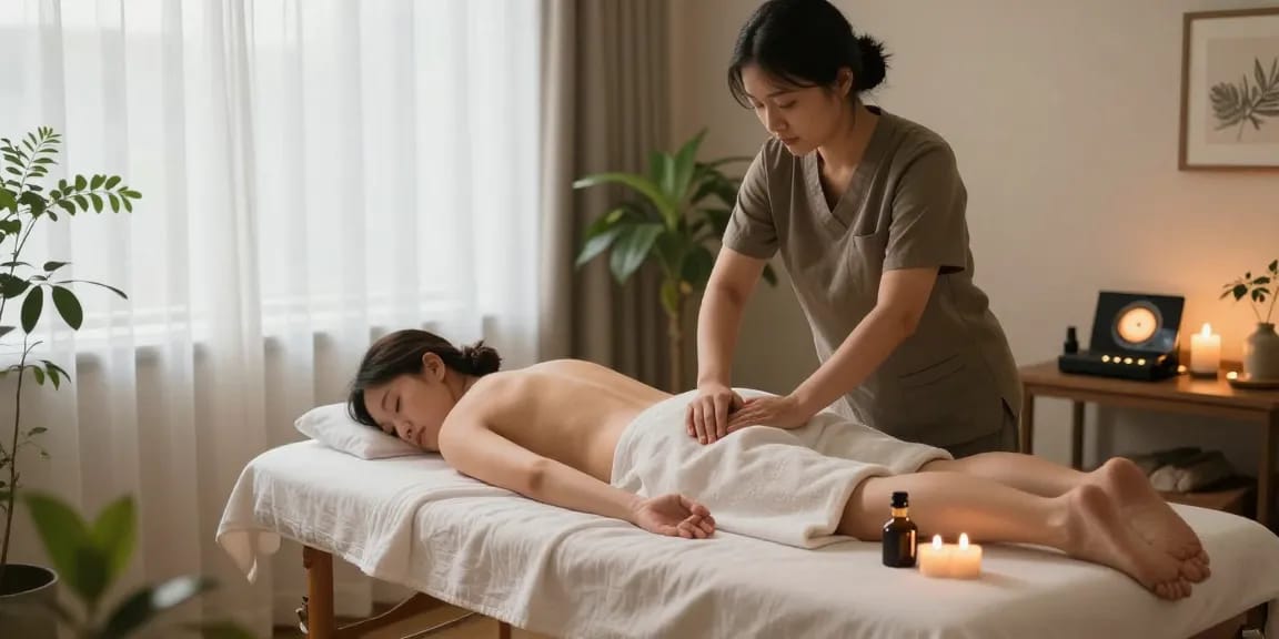 1인샵 마사지 테라피 공간, 따뜻한 아로마와 부드러운 조명이 어우러진 휴식의 공간.