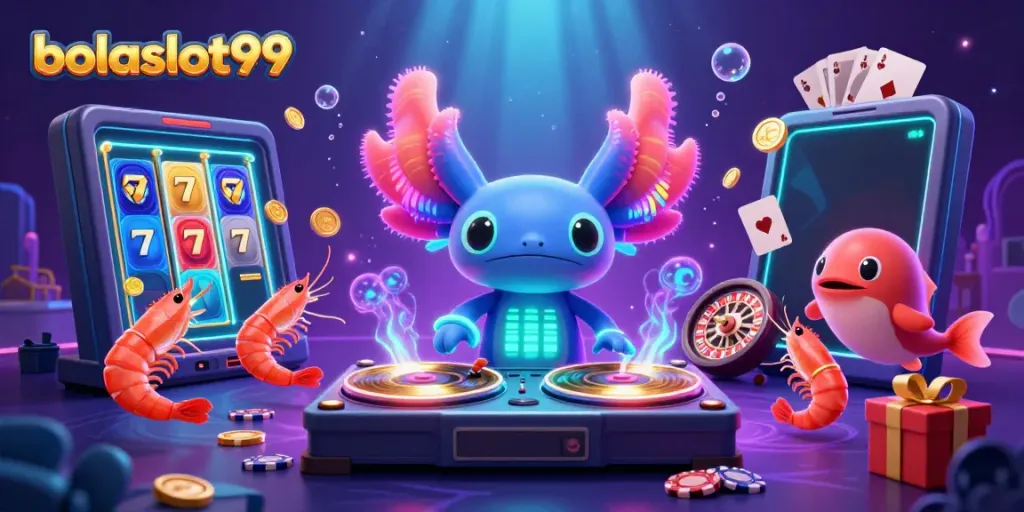 Experience the vibrant action of bolaslot99 with a neon axolotl DJ, colorful slot games, and dancing shrimp.