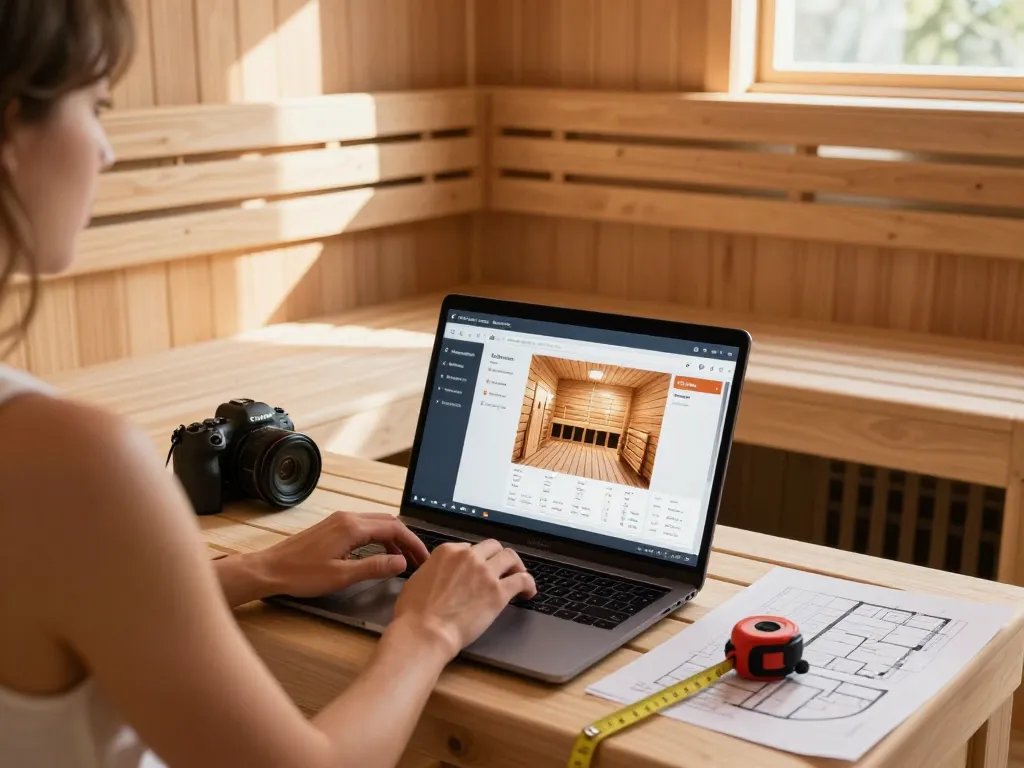 Using a sauna configurator to design a custom sauna in a bright, cozy room with wooden accents.
