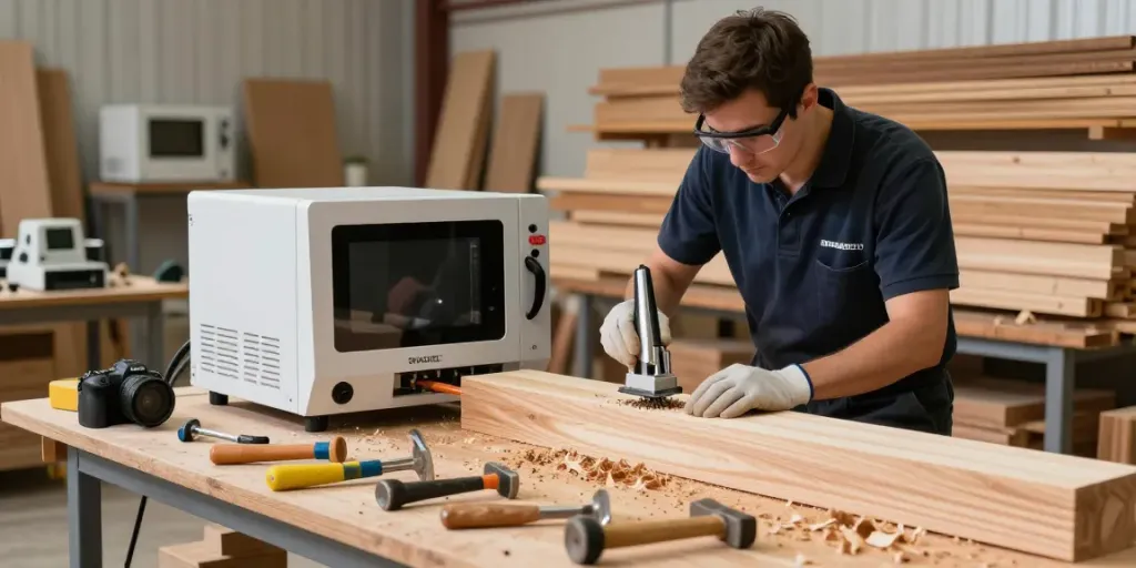 SHASHEL® microwave technology being used for efficient wood treatment in a modern workshop.