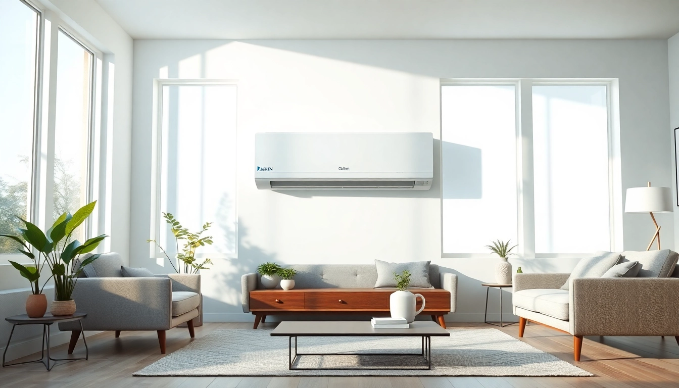 Showcase of Daikin mini split AC unit in a stylish living room setting.
