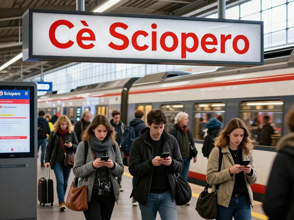 Commuters at a busy train station receiving updates on Scioperi treni.