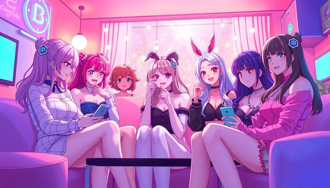 Dynamic scene of nsfw ai characters interacting in a vibrant virtual setting, showcasing diverse styles and playful interactions.