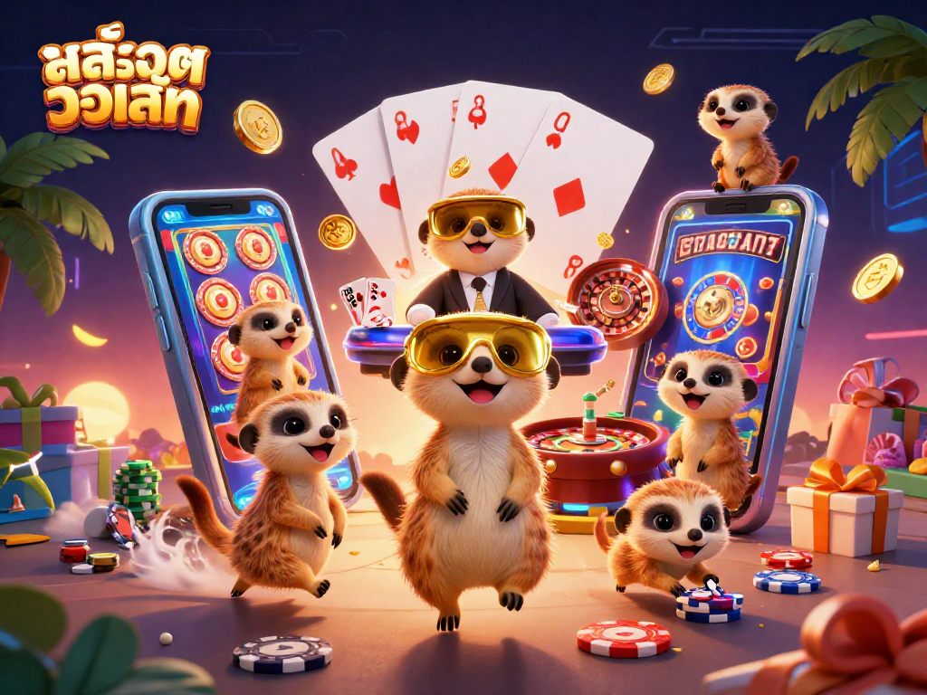 Experience thrilling สล็อตวอเลท action with meerkats in a vibrant casino scene, featuring exciting games and dynamic characters.