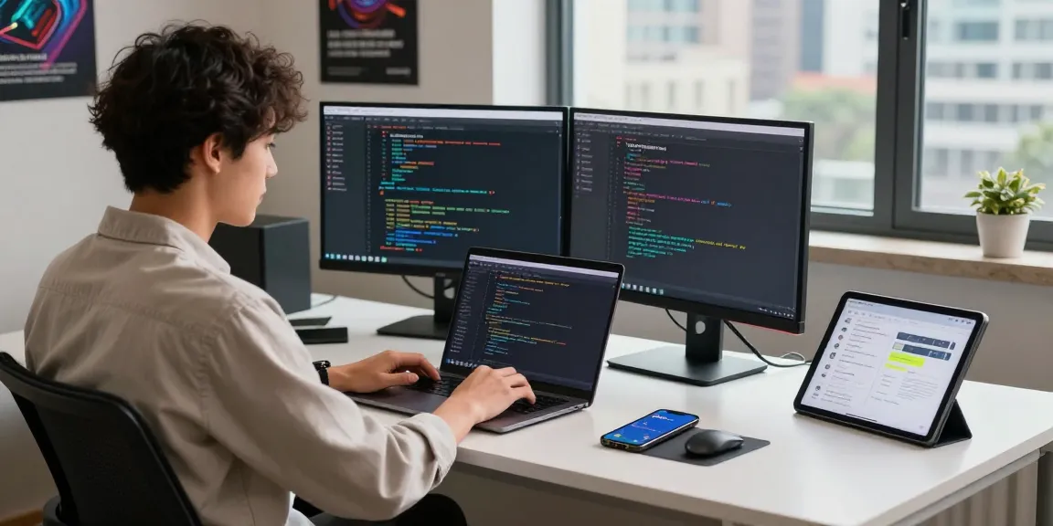 Engaging coding workspace featuring a developer immersed in 纸飞机下载 app development on dual screens with inviting city view.