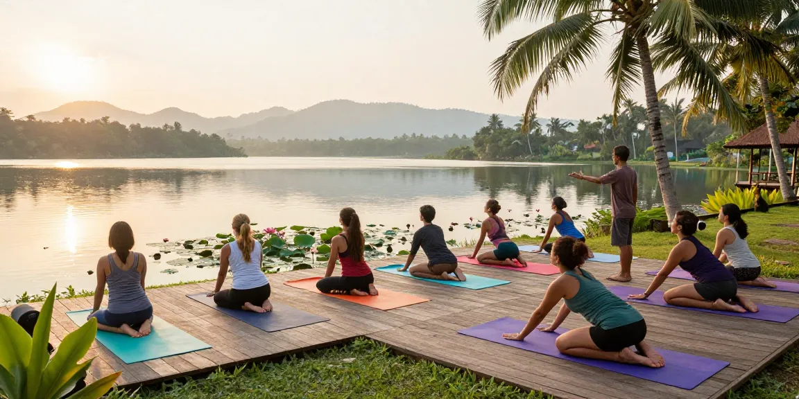 Participants engaging in a Vinyasa yoga retreat Sri Lanka by the lakeside, showcasing a serene atmosphere.