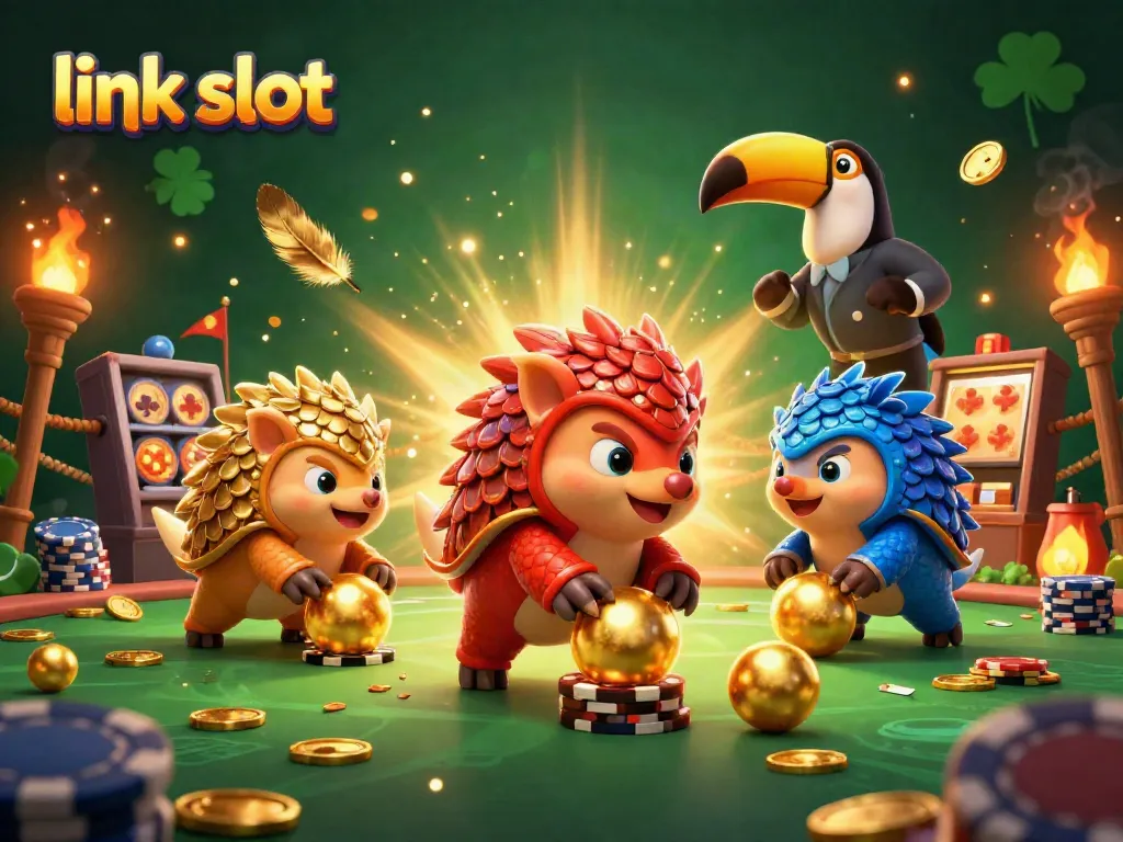 Bermain dengan mesin link slot dalam suasana ceria dengan pangolins dan chip poker bertebaran.