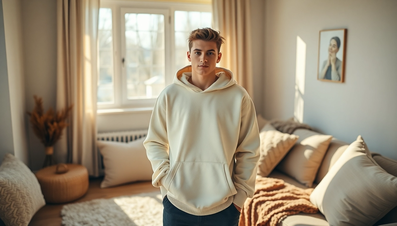 Model showcasing stylish plain hoodies in a cozy room.