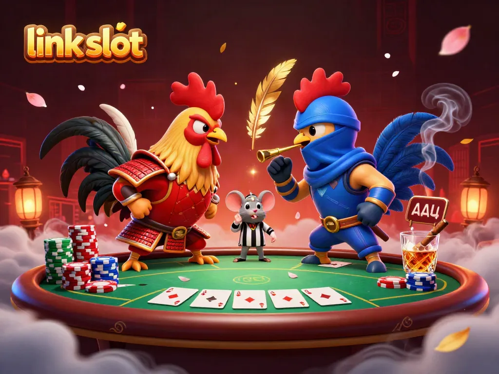 Slot gacor menarik perhatian dengan duel ayam kartun, simbol keberuntungan berserakan.