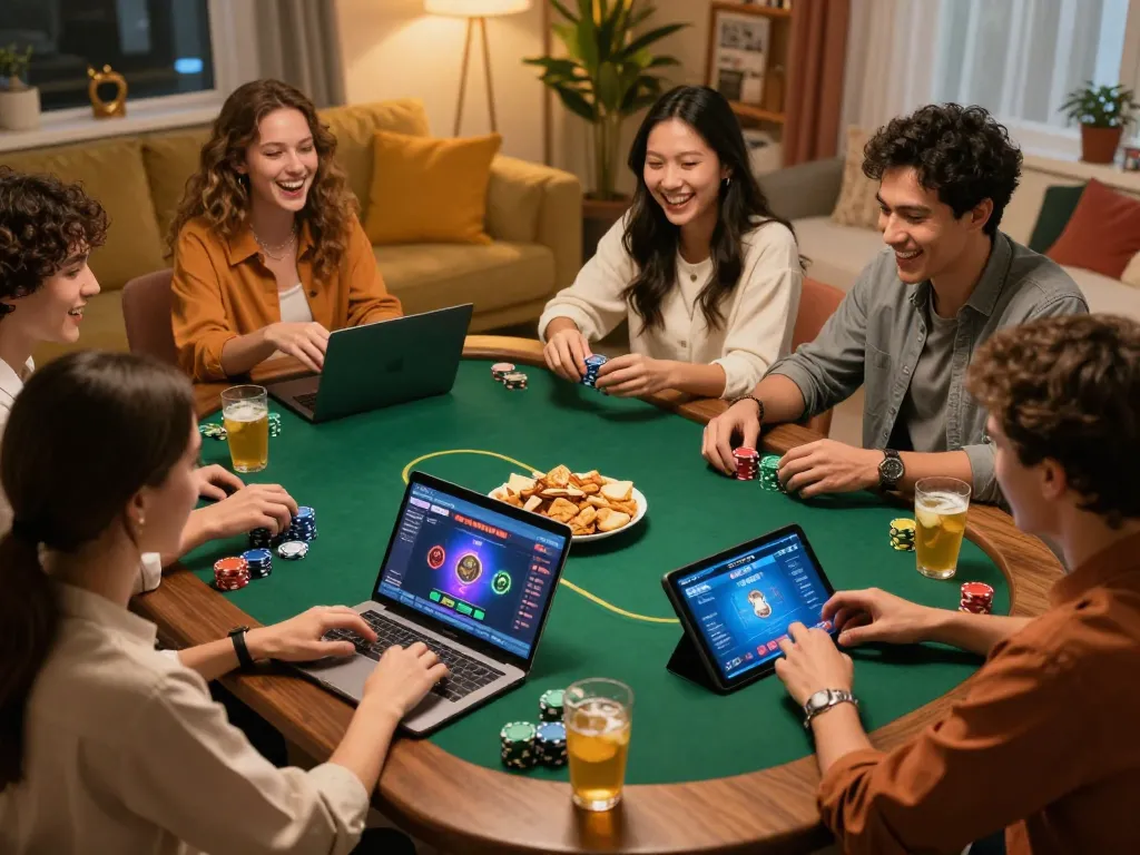 Friends enjoying a TG88 online poker night, strategizing with snacks in a cozy home setting.