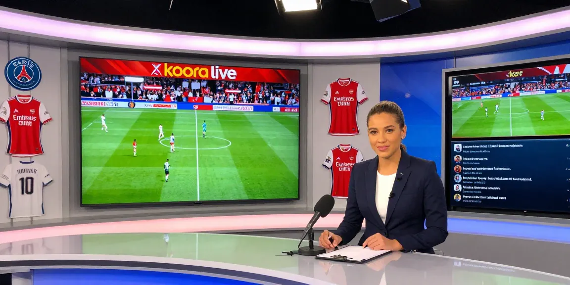 Live sports broadcast scene highlighting koora live coverage in a modern studio.