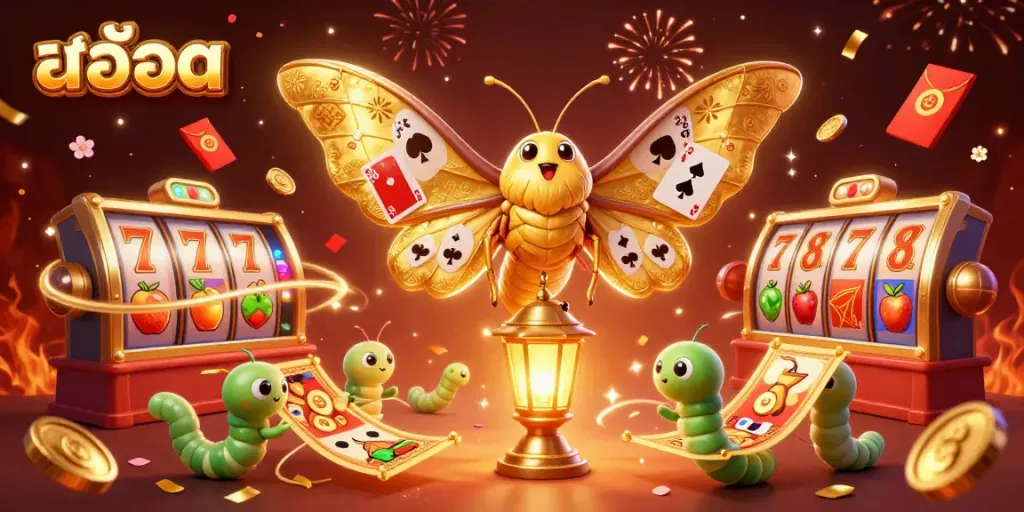 Win big on สล็อต with vibrant slot reels, golden lanterns, and festive decorations.