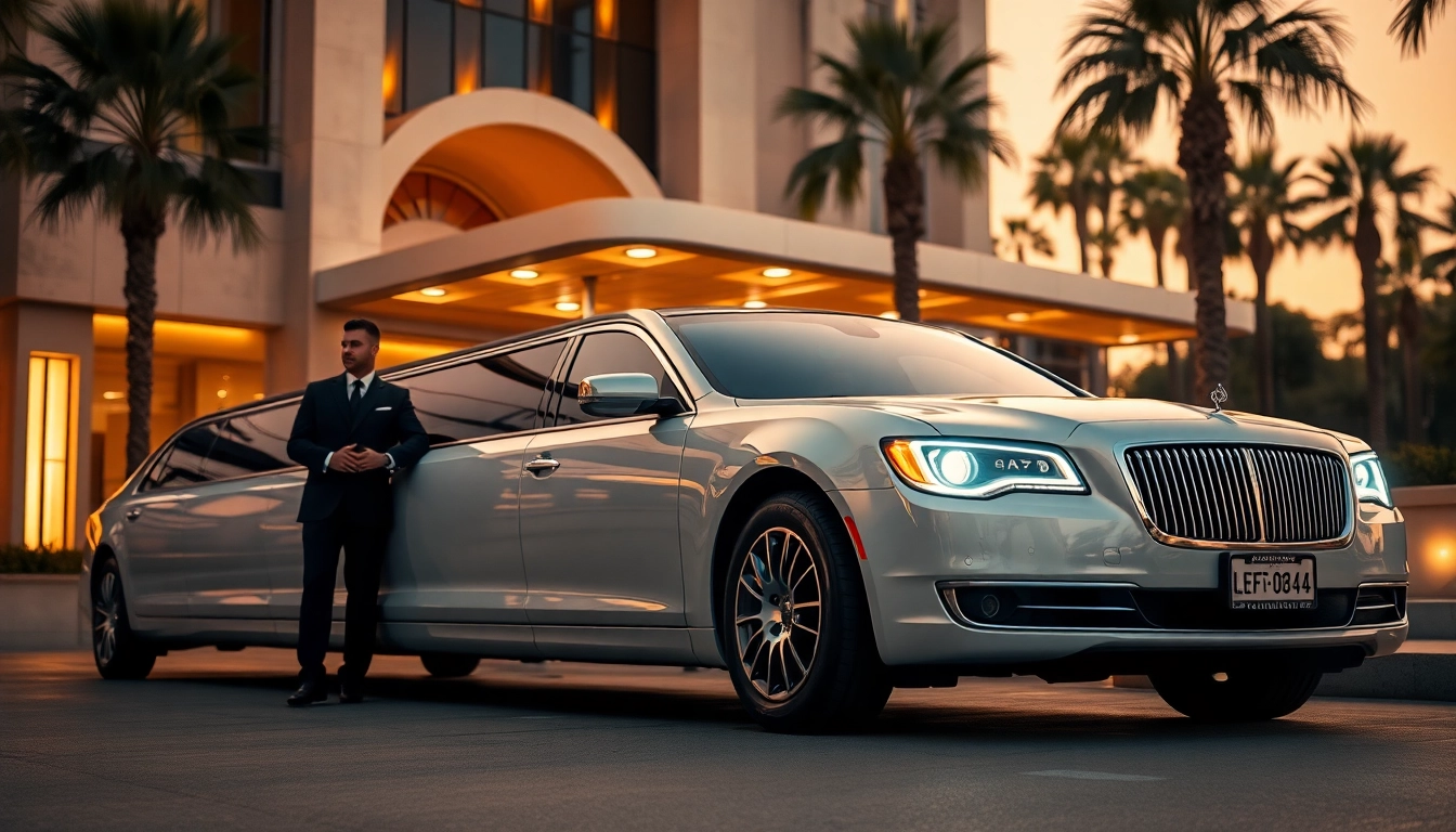 Luxury LA Limo service outside an upscale hotel in Los Angeles, highlighting comfort and elegance.