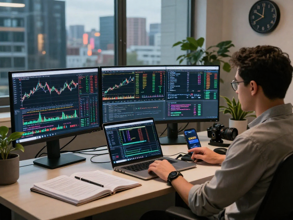 使用TradingView进行股票分析的交易员在现代办公桌前，显示实时技术指标与市场数据。
