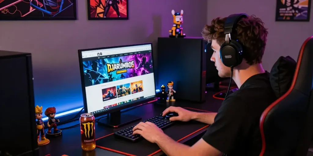 Engaging online gaming setup with DJARUMBOS LINK ALTERNATIF visible on laptop screen, vibrant atmosphere enhancing the gaming experience.