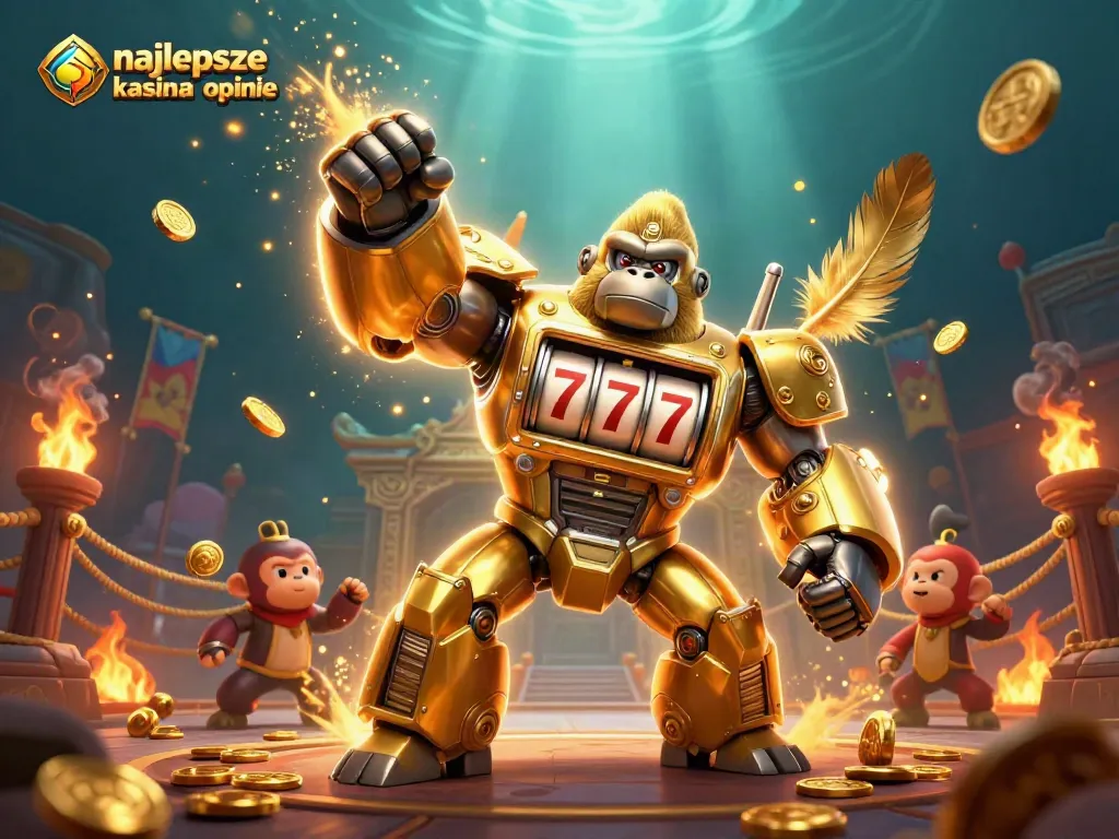 Experience the thrill of najlepsze kasyna online opinie with a dynamic illustration of a golden gorilla mech in a casino setting.
