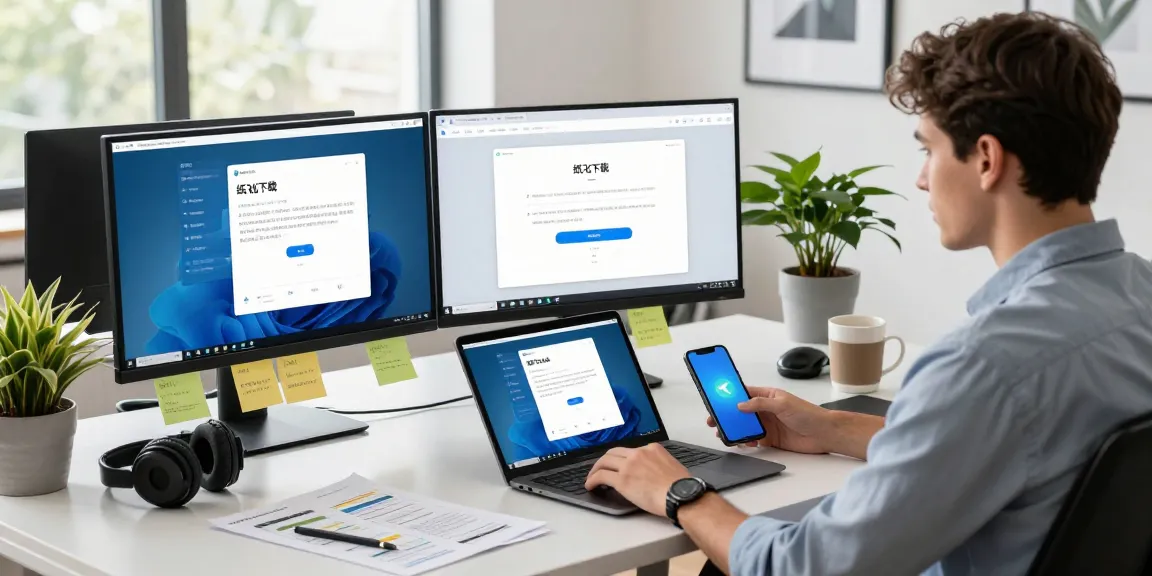 Engaging workspace showcasing the 纸飞机下载 process on multiple devices, promoting productivity and technology integration.