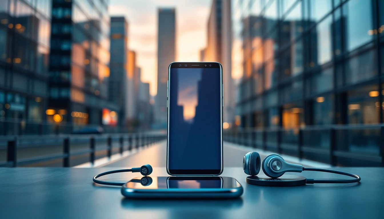 Showcasing the Galaxy S8 smartphone against a modern urban backdrop highlighting its sleek design and features.