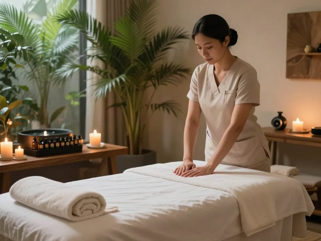 Relaxing 서현출장마사지 therapy room with ambient lighting and essential oils.