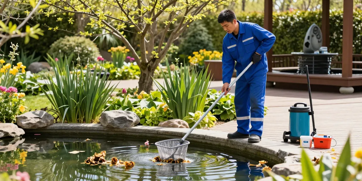 Professional Pond Cleaning Kent expert removing debris from a serene garden pond