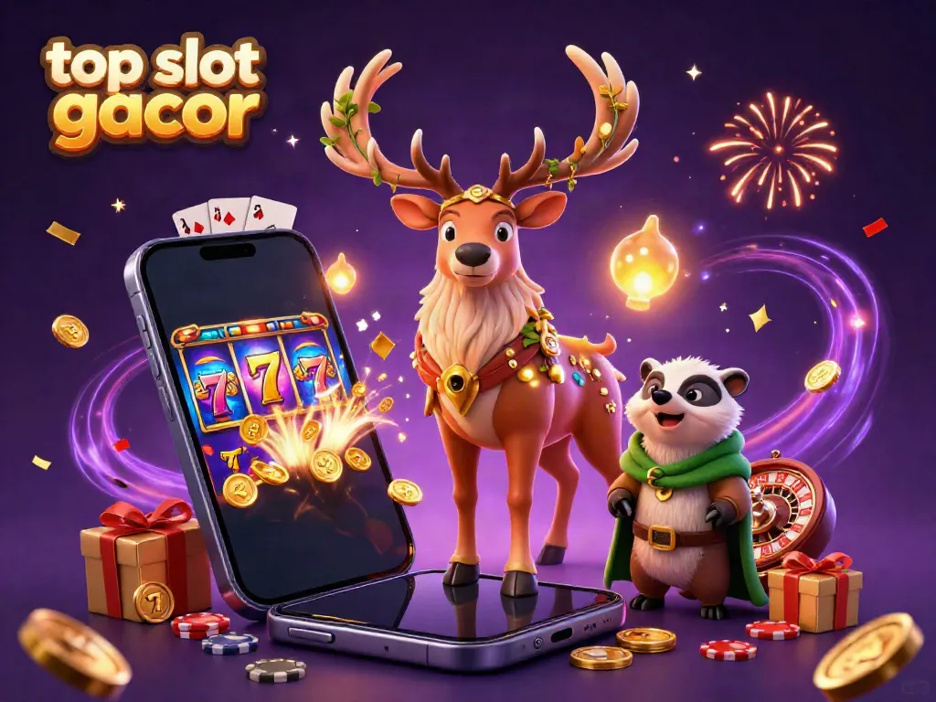 Permainan di 222SLOT dengan slot gacor, ponsel 3D menampilkan putaran slot penuh kemenangan.