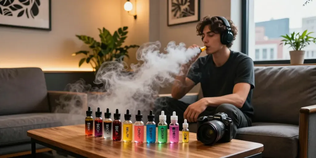 Person relaxing in a stylish lounge enjoying salt nic vapes with colorful e-liquid bottles.