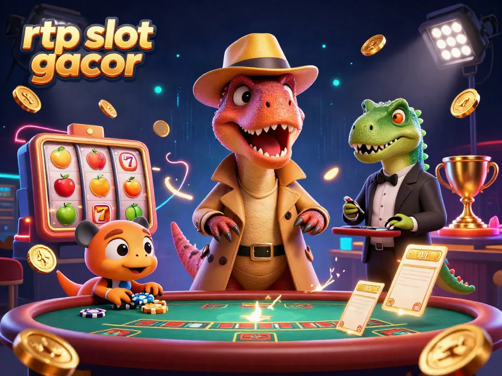 Menyambut permainan slot gacor dengan karakter kartun 3D, seperti velociraptor dan stegosaurus dalam suasana kasino yang energik.