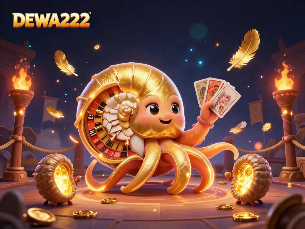 Experience thrilling gameplay with DEWA222 in a vibrant 3D casino scene featuring a giant nautilus roulette wheel.