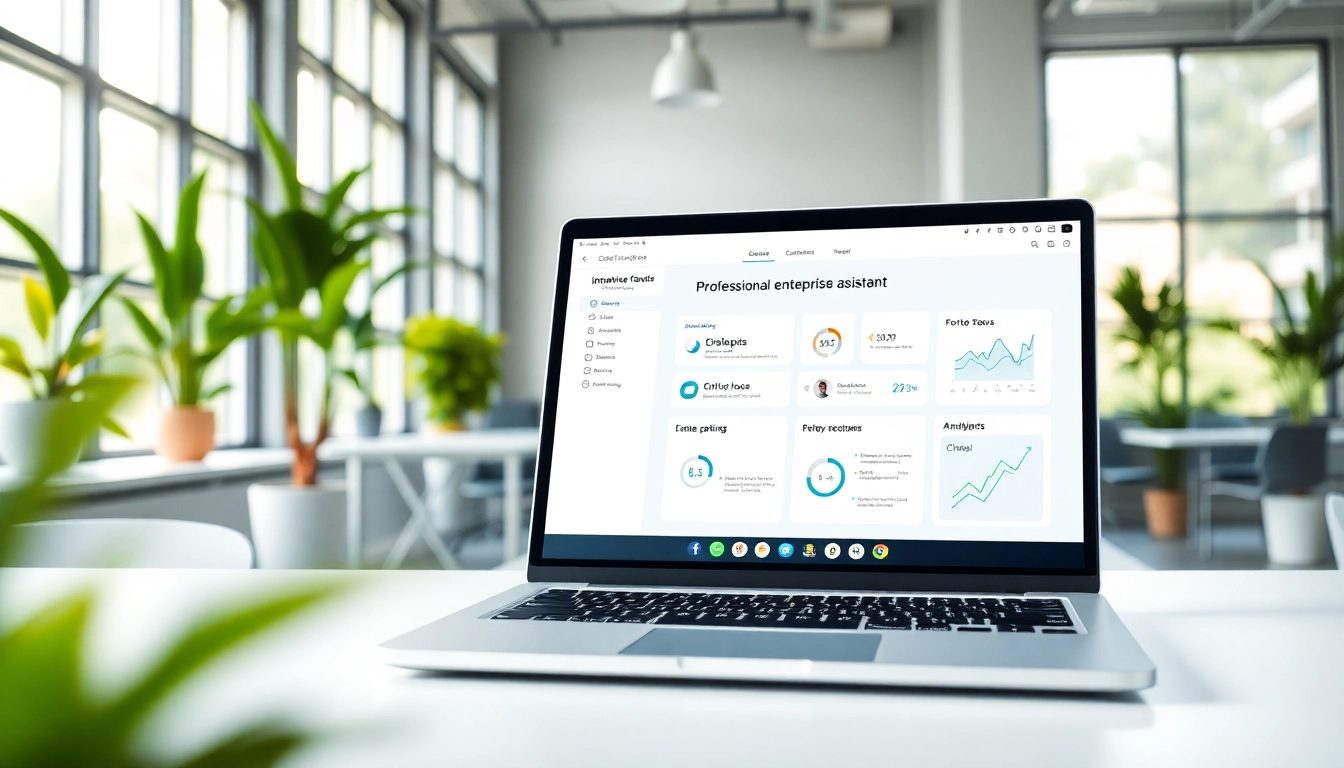 Showcase a professional enterprise assistant saas interface in a modern office.