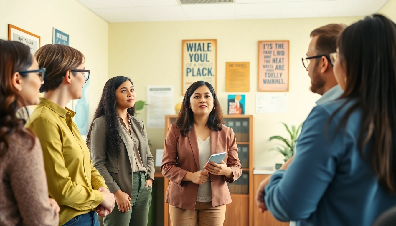 Engaging career coaching session with diverse clients in a professional office setting.