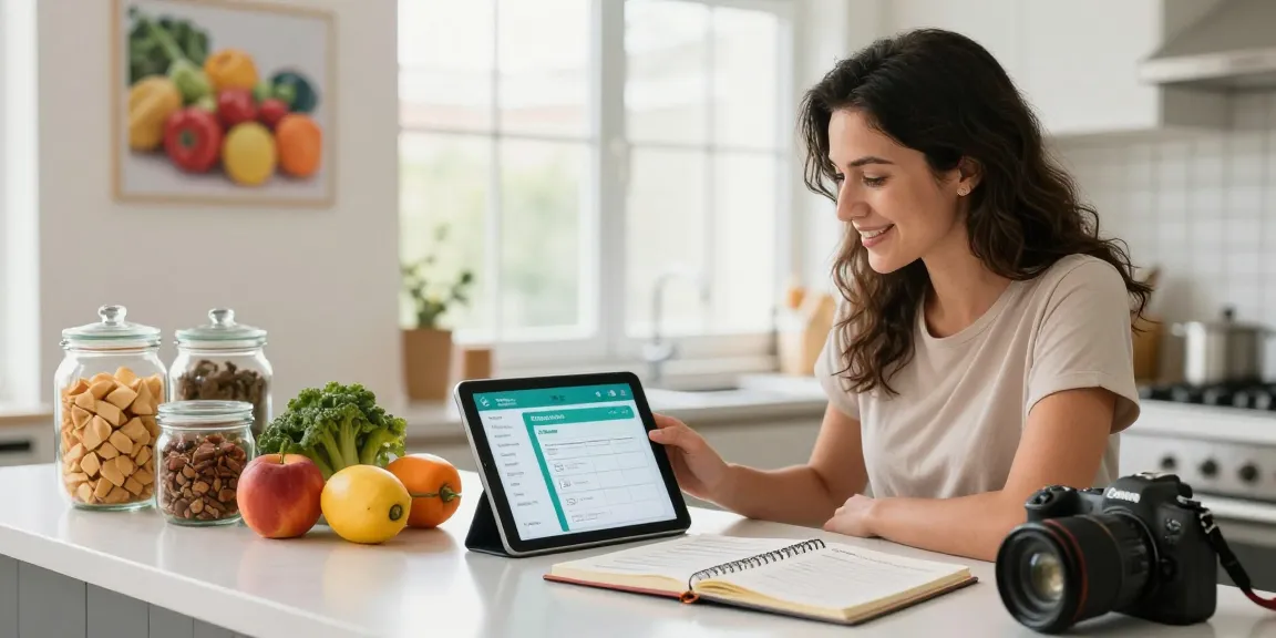 Nutritionist showcasing the best calorie tracker app on a tablet in a bright kitchen.